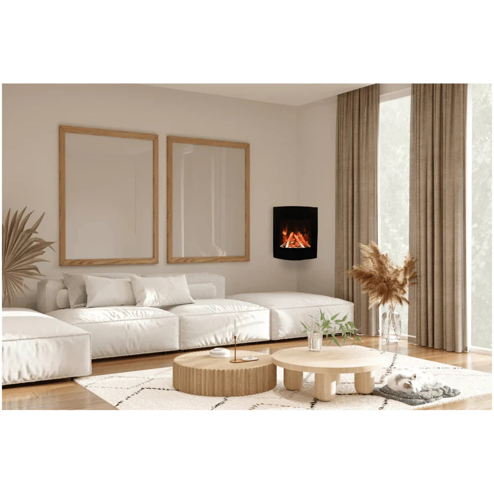 Amantii 24 Inch Corner Wall Mount Electric Fireplace, 1500W Heat, Multi-Color Flames, Black Glass Surround, WM-BI-2428-VLR-BG