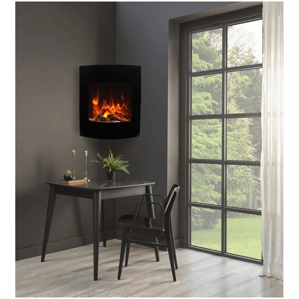 Amantii 24 Inch Corner Wall Mount Electric Fireplace, 1500W Heat, Multi-Color Flames, Black Glass Surround, WM-BI-2428-VLR-BG