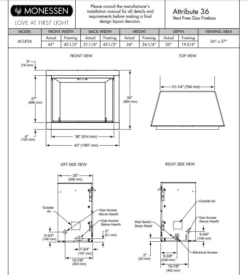 Monessen 36-inch Attribute Universal Circulating Vent-Free Firebox with Radiant Face and Multitonal Reversible Interior Panels ACUF36-BD