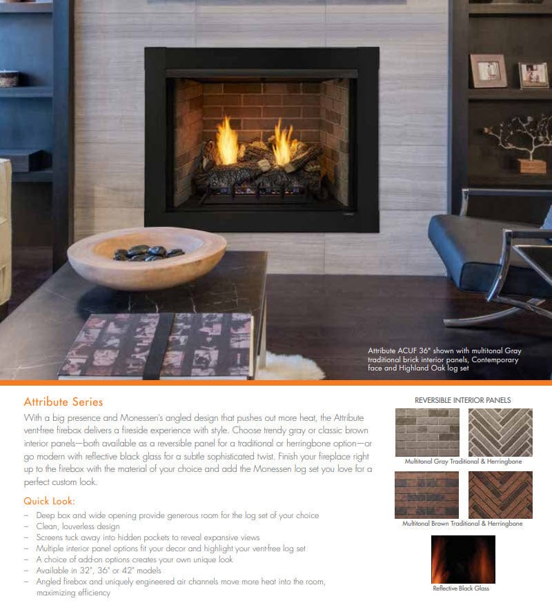 Monessen 36-inch Attribute Universal Circulating Vent-Free Firebox with Radiant Face and Multitonal Reversible Interior Panels ACUF36-BD