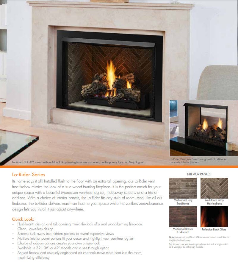 Monessen 36-inch Lo-Rider Clean Face Vent-Free Gas Firebox with Interior Panels LCUF36CR-C
