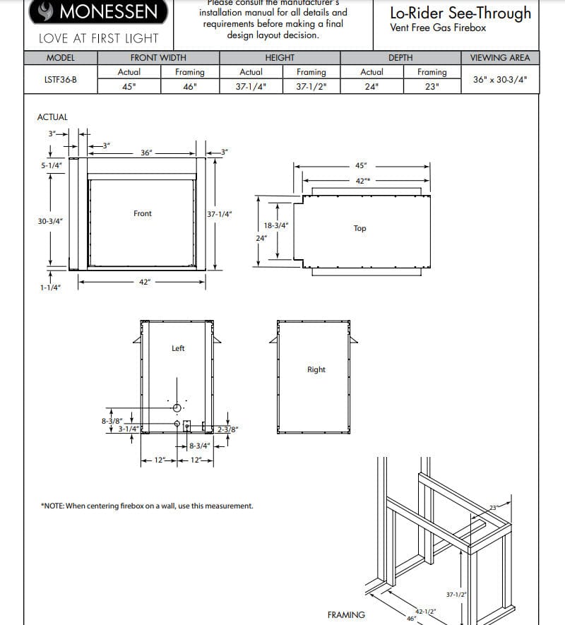 Monessen 36-inch Lo-Rider Double-Sided Clean Face Vent-Free Firebox with Traditional Refractory Firebrick LSTF36-B