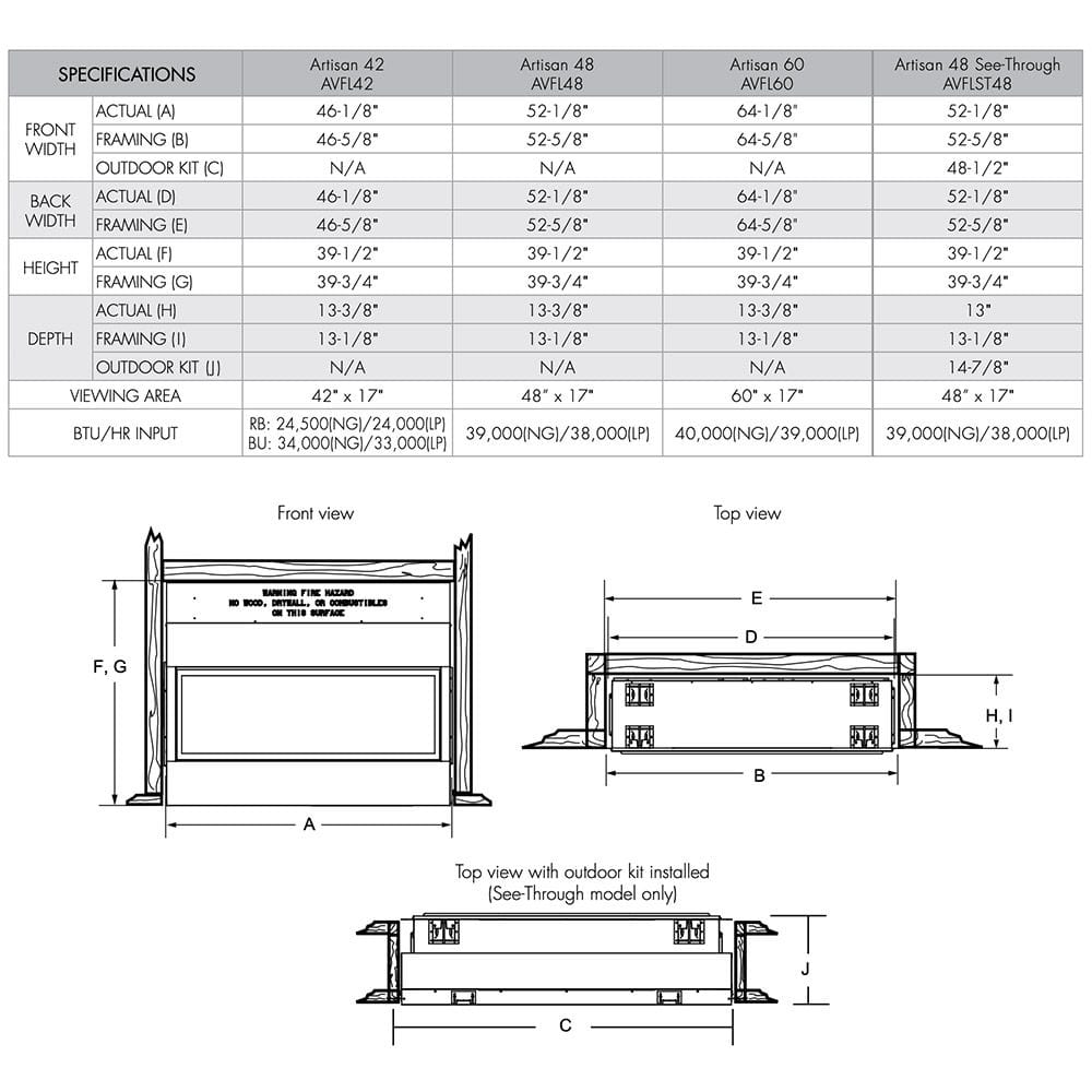 Monessen 60-inch Artisan Vent-Free Linear Gas Fireplace with IPI Plus Electronic Ignition and Remote Control AVFL60NIP-B