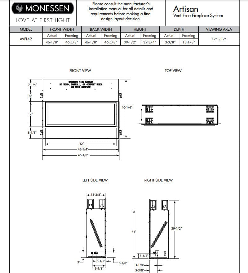 Monessen 42-inch Artisan Vent-Free Linear Gas Fireplace with IPI Plus Electronic Ignition and Remote Control AVFL42NIP-RB