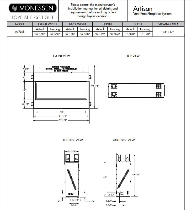 Monessen 48-inch Artisan Vent-Free Linear Gas Fireplace with IPI Plus Electronic Ignition and Remote Control AVFL48NIP