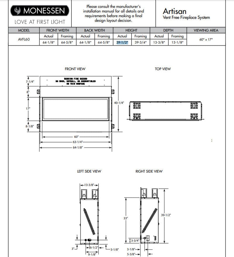 Monessen 60-inch Artisan Vent-Free Linear Gas Fireplace with IPI Plus Electronic Ignition and Remote Control AVFL60NIP-B