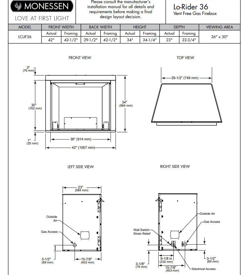 Monessen 36-inch Lo-Rider Clean Face Vent-Free Gas Firebox with Interior Panels LCUF36CR-C