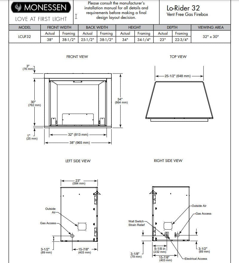Monessen 32-inch Lo-Rider Clean Face Vent-Free Gas Firebox with Interior Panels LCUF32CR-C
