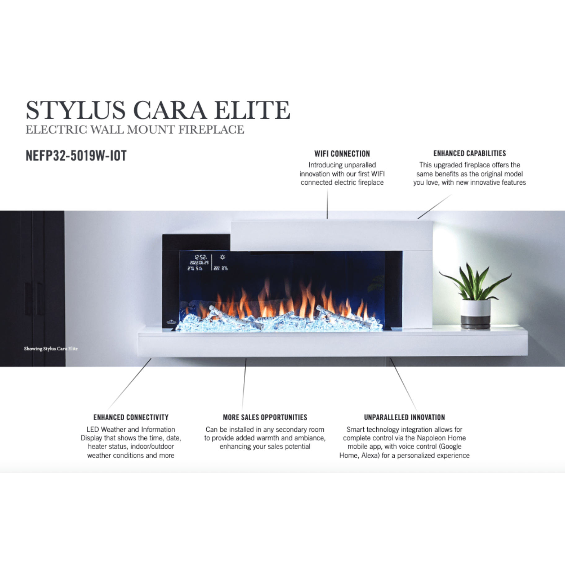 Napoleon 59-Inch Stylus Cara Elite Wall-Mounted Electric Fireplace with Shelf Indoor NEFP32-5019W-IOT