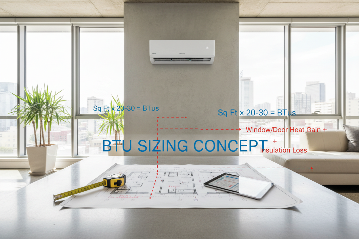 Mini split unit mounted on wall with floor plan and measuring tape for BTU sizing