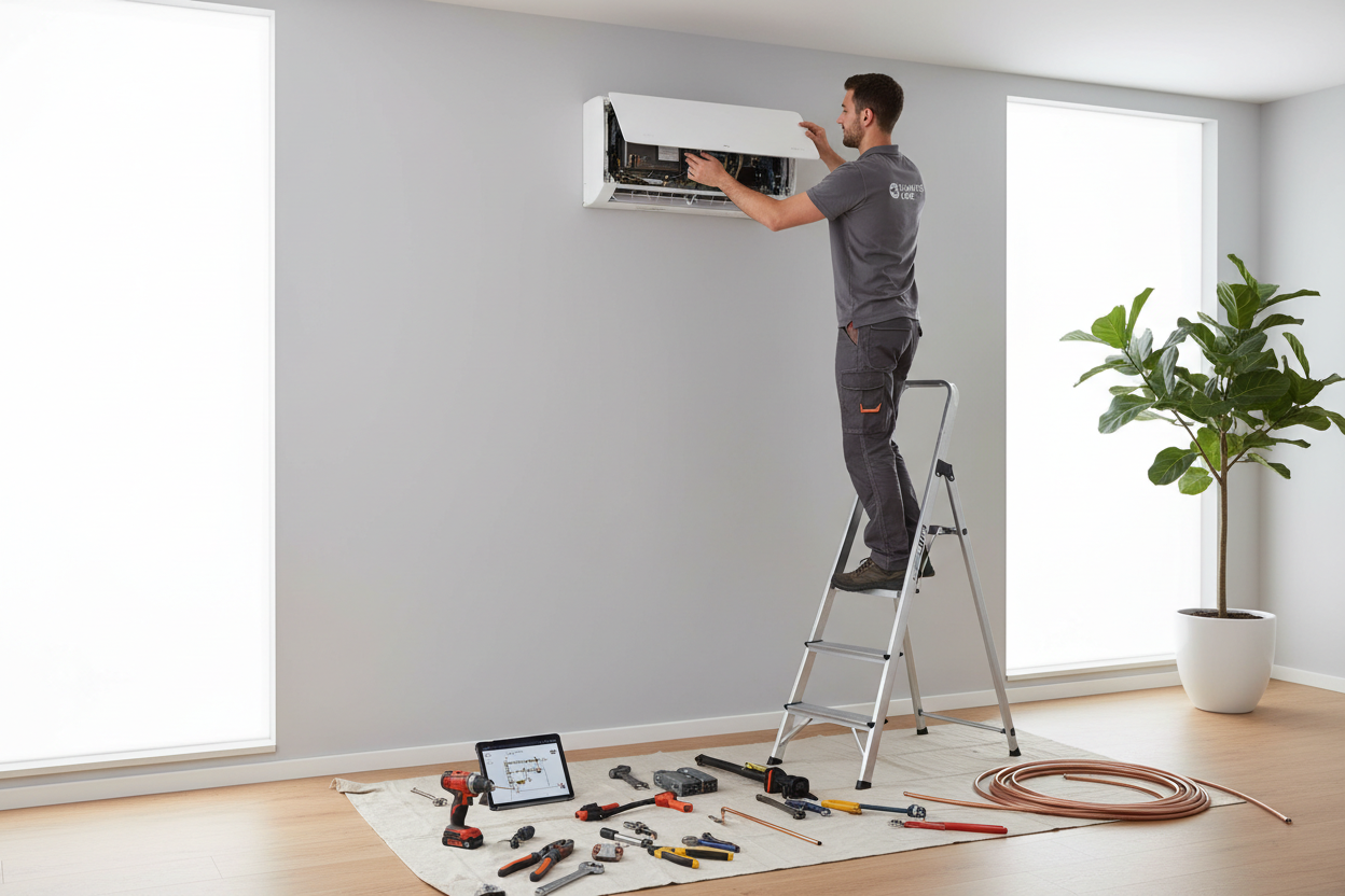 HVAC technician installing a mini split air handler on an interior wall