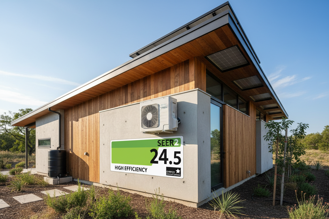 Energy-efficient home with mini split heat pump and high SEER2 efficiency rating label