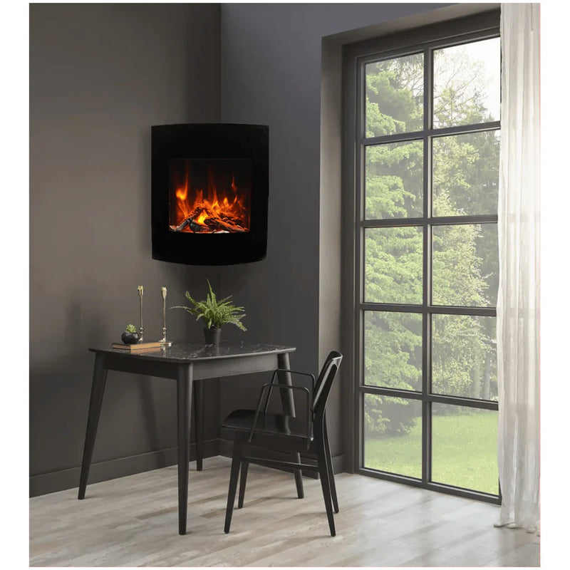 Amantii 24 Inch Corner Wall Mount Electric Fireplace, 1500W Heat, Multi-Color Flames, Black Glass Surround, WM-BI-2428-VLR-BG