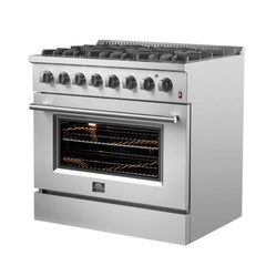 FORNO Marco 36 Inch Dual Fuel Range Stainless Steel, 6 Sealed Burners – 67,000 BTU, 5.36 cu.ft. True Convection Oven FFSGS6197-36