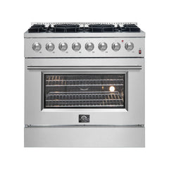 FORNO Marco 36 Inch Dual Fuel Range Stainless Steel, 6 Sealed Burners – 67,000 BTU, 5.36 cu.ft. True Convection Oven FFSGS6197-36