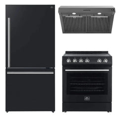 FORNO Appliance Package 3-Piece - 30" Electric Range Black, 30" Black Range Hood, 31" Black Refrigerator - FBDL-001-02US