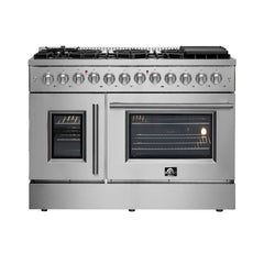 FORNO Galiano 48 Inch French Door Dual Fuel Range All Stainless Steel, 8 Sealed Burners – 107,000 BTU, Griddle, 6.58 cu.ft. Double Ovens FFSGS6356-48