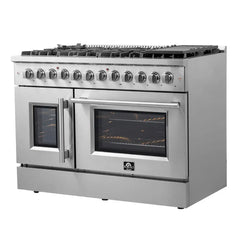 FORNO Galiano 48 Inch French Door Dual Fuel Range All Stainless Steel, 8 Sealed Burners – 107,000 BTU, Griddle, 6.58 cu.ft. Double Ovens FFSGS6356-48