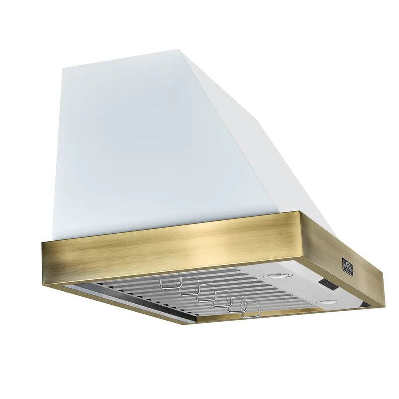 FORNO Espresso Vittorio 36 Inch 600 CFM Wall Mount Range Hood in White and Antique Brass Trim with Remote Control, FRHWM5078-36WHT