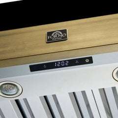 FORNO Espresso Vittorio 48 Inch 600 CFM Wall Mount Range Hood in Black and Antique Brass Trim with Remote Control, FRHWM5078-48BLK