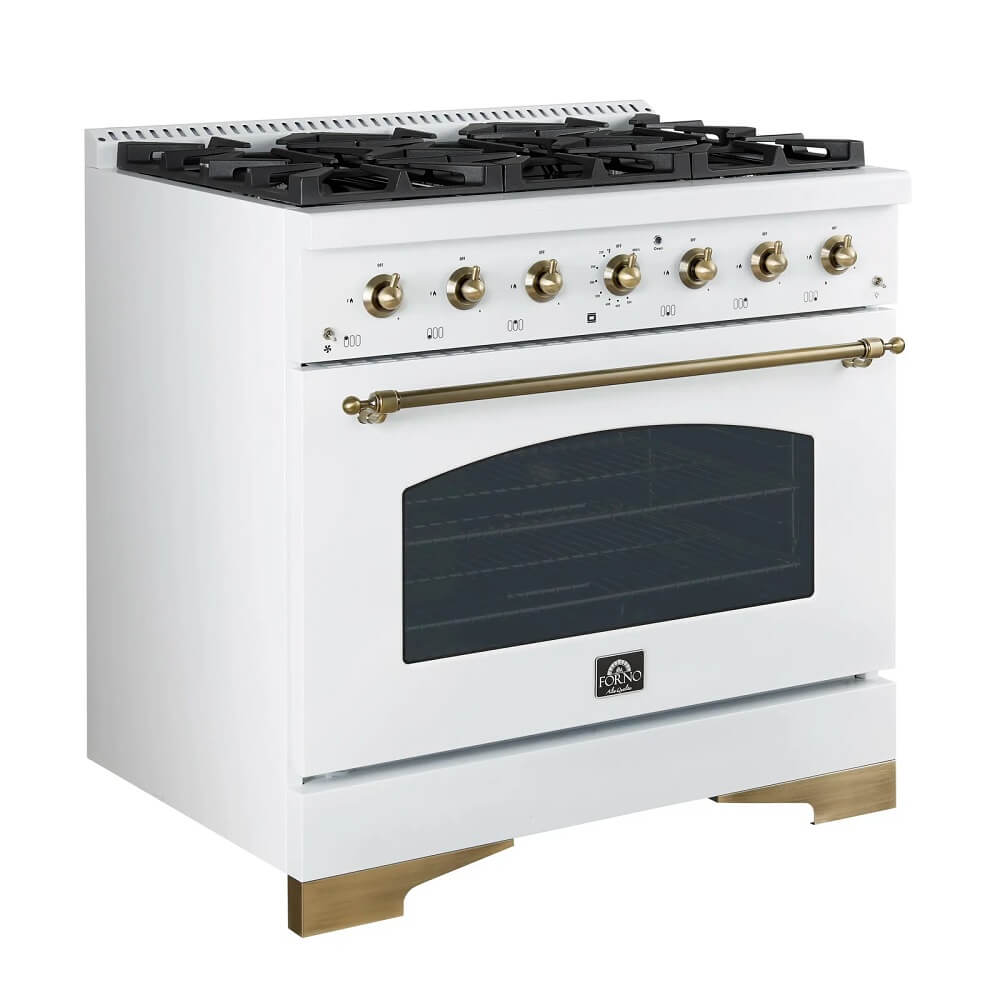 FORNO Espresso Antico 36 Inch 4.5 cu. ft. Gas Range with 6 Sealed Burners in White with Antique Brass Accents, FFSGS6219-36WHT