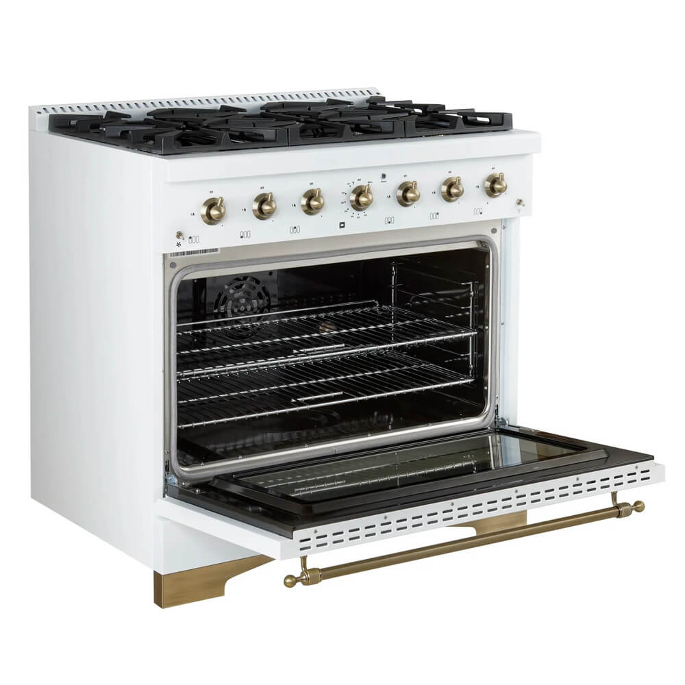FORNO Espresso Antico 36 Inch 4.5 cu. ft. Dual Fuel Range with 6 Sealed Burners in White with Antique Brass Accents, FFSGS6113-36WHT