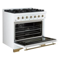 FORNO Espresso Antico 36 Inch 4.5 cu. ft. Dual Fuel Range with 6 Sealed Burners in White with Antique Brass Accents, FFSGS6113-36WHT