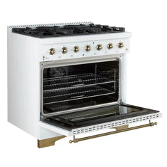 FORNO Espresso Antico 36 Inch 4.5 cu. ft. Gas Range with 6 Sealed Burners in White with Antique Brass Accents, FFSGS6219-36WHT