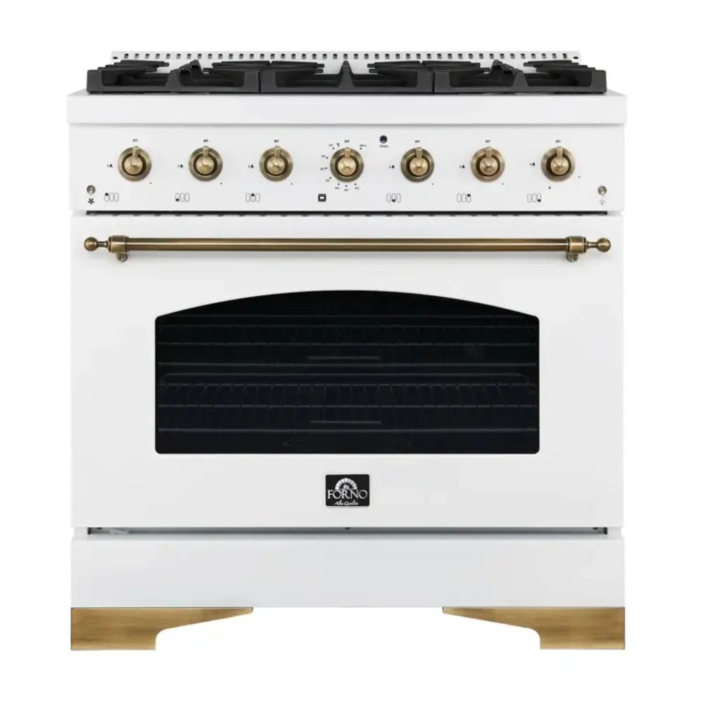 FORNO Espresso Antico 36 Inch 4.5 cu. ft. Dual Fuel Range with 6 Sealed Burners in White with Antique Brass Accents, FFSGS6113-36WHT