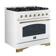 FORNO Espresso Antico 36 Inch 4.5 cu. ft. Gas Range with 6 Sealed Burners in White with Antique Brass Accents, FFSGS6219-36WHT