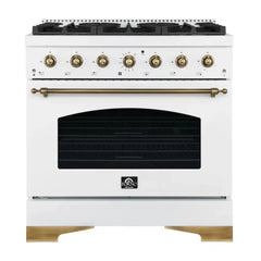 FORNO Espresso Antico 36 Inch 4.5 cu. ft. Dual Fuel Range with 6 Sealed Burners in White with Antique Brass Accents, FFSGS6113-36WHT