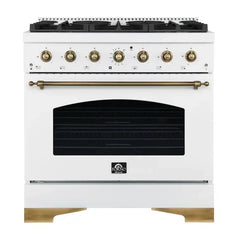 FORNO Espresso Antico 36 Inch 4.5 cu. ft. Gas Range with 6 Sealed Burners in White with Antique Brass Accents, FFSGS6219-36WHT