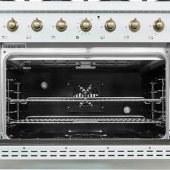 FORNO Espresso Antico 36 Inch 4.5 cu. ft. Dual Fuel Range with 6 Sealed Burners in White with Antique Brass Accents, FFSGS6113-36WHT