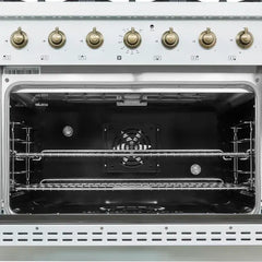 FORNO Espresso Antico 36 Inch 4.5 cu. ft. Gas Range with 6 Sealed Burners in White with Antique Brass Accents, FFSGS6219-36WHT