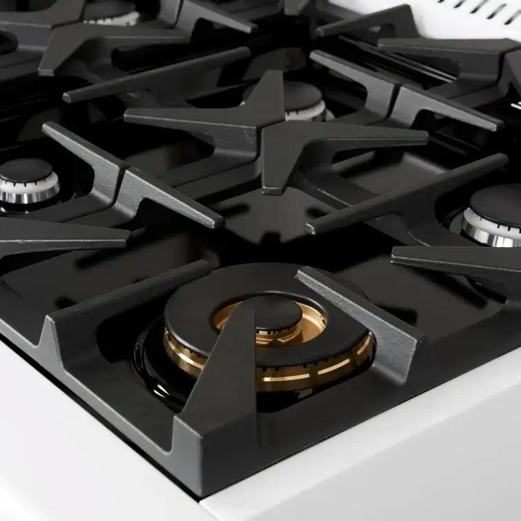 FORNO Espresso Antico 36 Inch 4.5 cu. ft. Gas Range with 6 Sealed Burners in White with Antique Brass Accents, FFSGS6219-36WHT