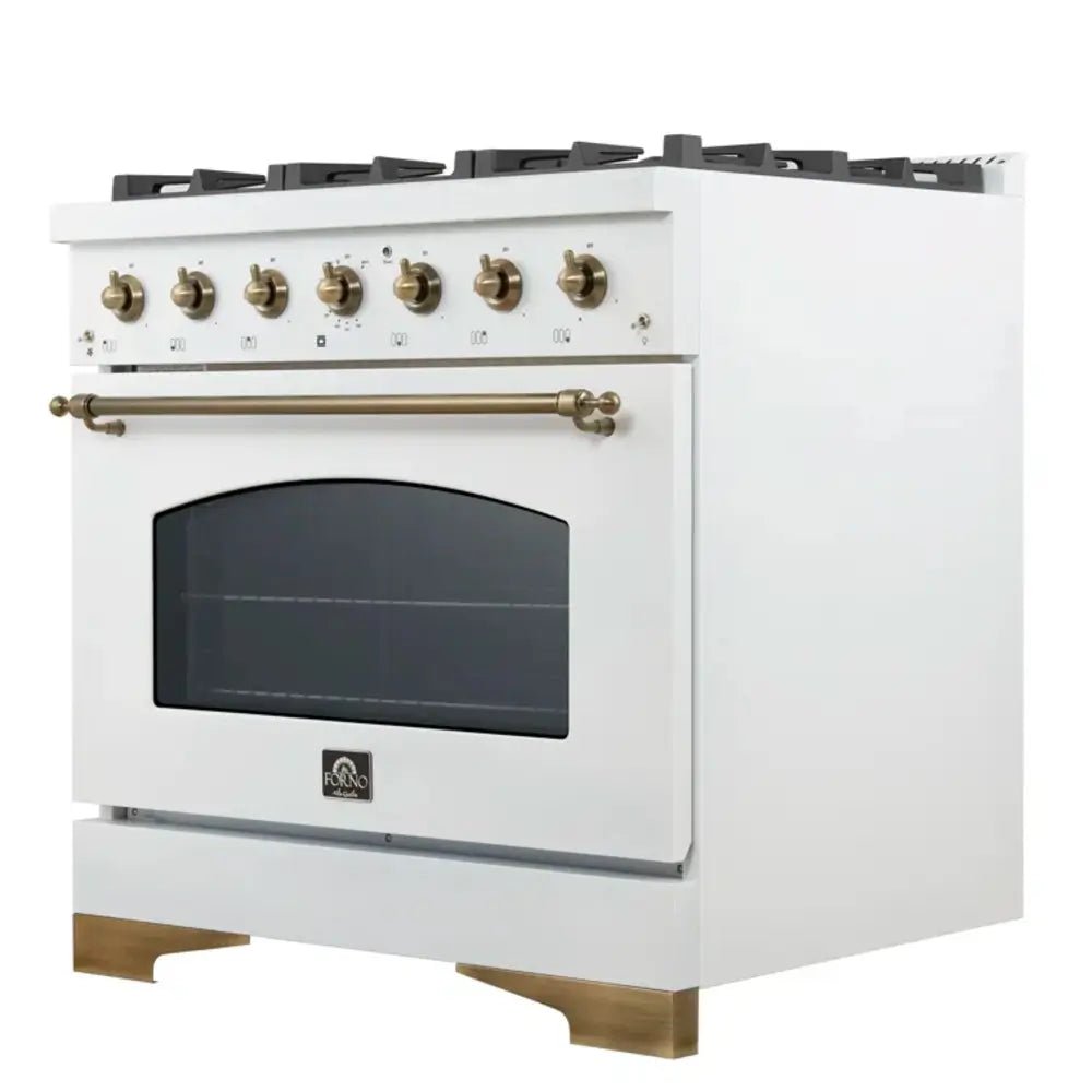 FORNO Espresso Antico 36 Inch 4.5 cu. ft. Dual Fuel Range with 6 Sealed Burners in White with Antique Brass Accents, FFSGS6113-36WHT