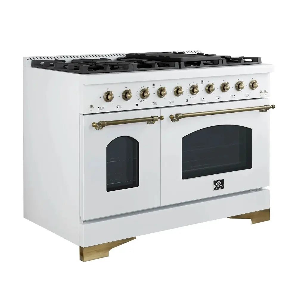 FORNO Espresso Antico 48 Inch 5.5 cu. ft. Dual Fuel Range with 8 Sealed Burners and Griddle in White with Antique Brass Accents, FFSGS6113-48WHT