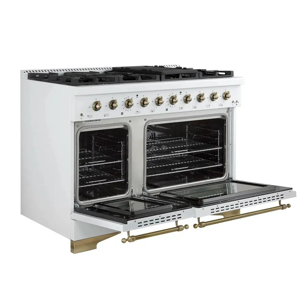 FORNO Espresso Antico 48 Inch 5.5 cu. ft. Dual Fuel Range with 8 Sealed Burners and Griddle in White with Antique Brass Accents, FFSGS6113-48WHT