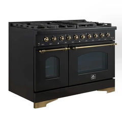 FORNO Espresso Antico 48 Inch 5.5 cu. ft. Dual Fuel Range with 8 Sealed Burners and Griddle in Black with Antique Brass Accents, FFSGS6113-48BLK