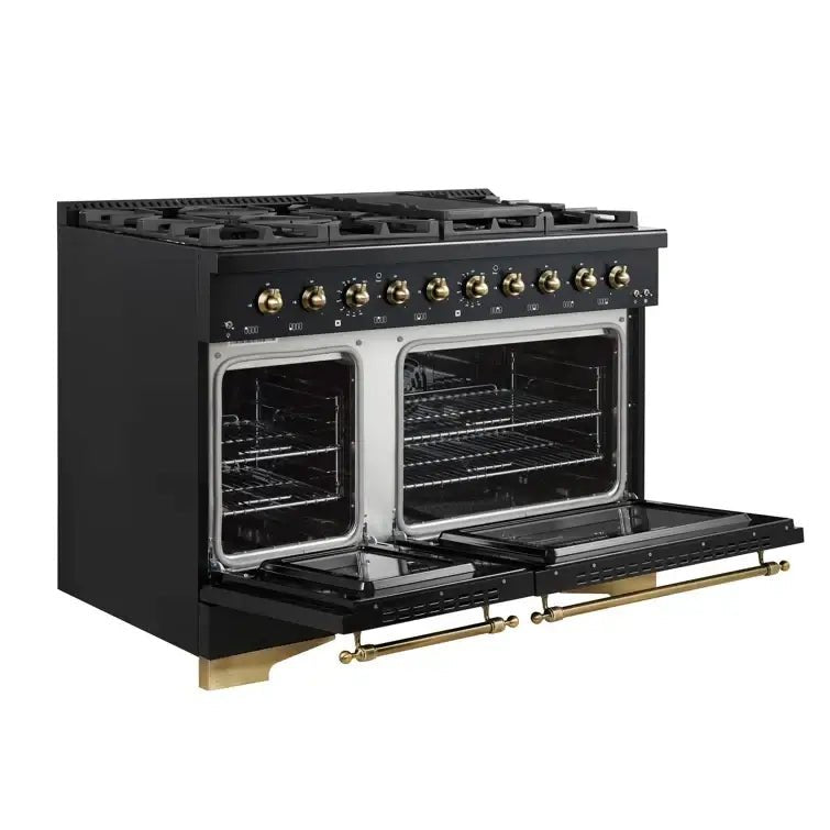 FORNO Espresso Antico 48 Inch 5.5 cu. ft. Dual Fuel Range with 8 Sealed Burners and Griddle in Black with Antique Brass Accents, FFSGS6113-48BLK