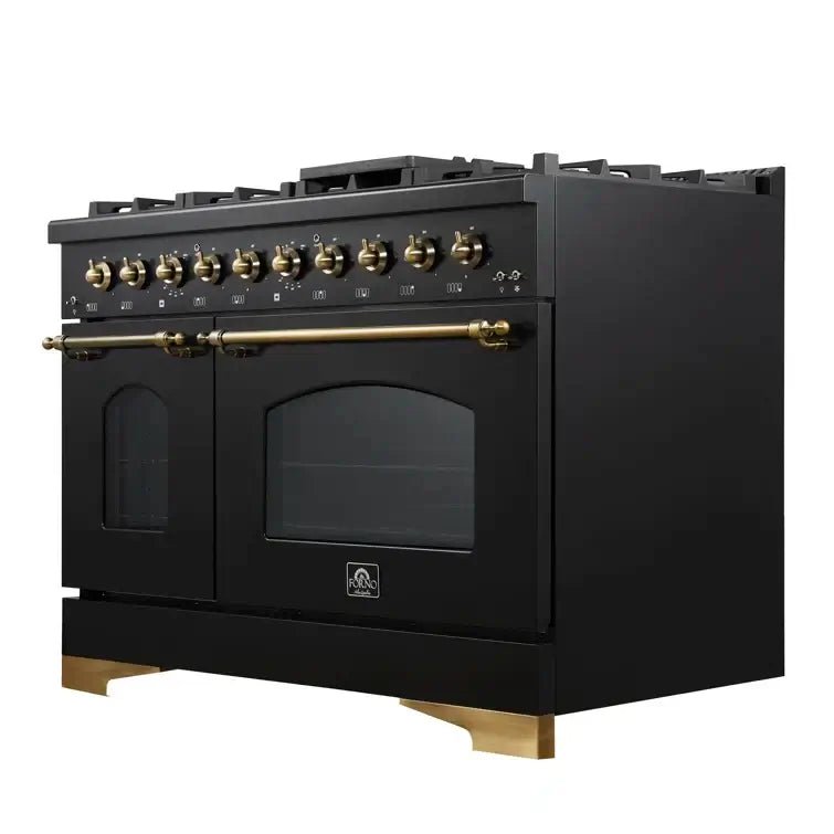 FORNO Espresso Antico 48 Inch 5.5 cu. ft. Dual Fuel Range with 8 Sealed Burners and Griddle in Black with Antique Brass Accents, FFSGS6113-48BLK