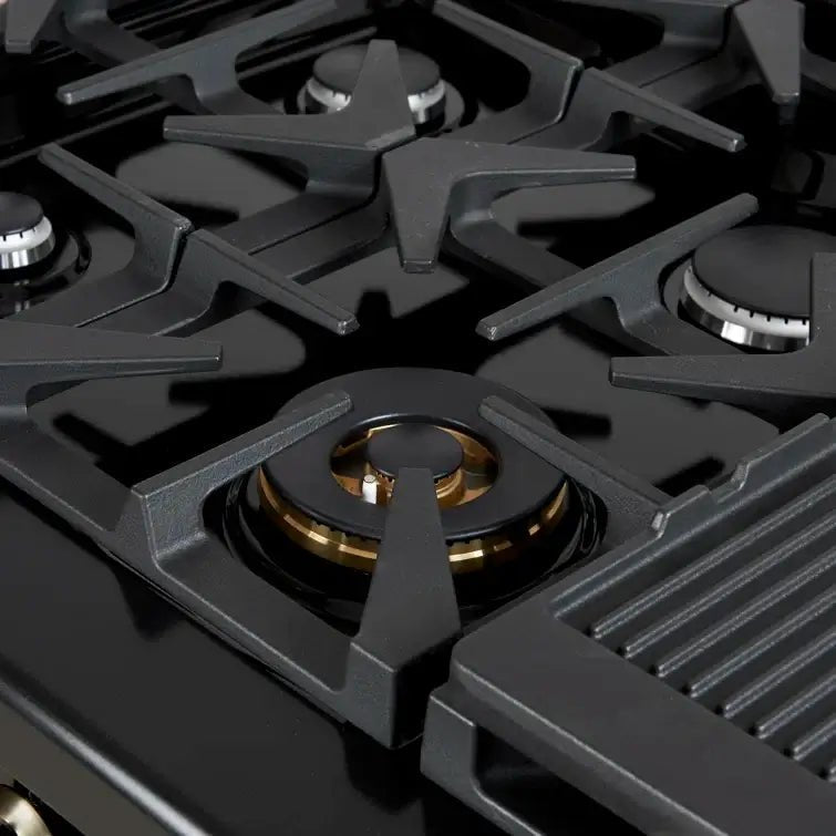 FORNO Espresso Antico 48 Inch 5.5 cu. ft. Dual Fuel Range with 8 Sealed Burners and Griddle in Black with Antique Brass Accents, FFSGS6113-48BLK