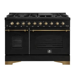 FORNO Espresso Antico 48 Inch 5.5 cu. ft. Dual Fuel Range with 8 Sealed Burners and Griddle in Black with Antique Brass Accents, FFSGS6113-48BLK