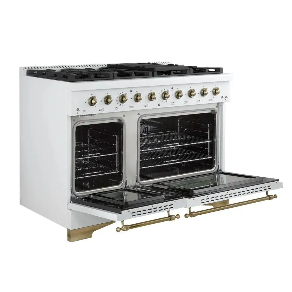 FORNO Espresso Antico 48 Inch 5.5 cu. ft. Gas Range with 8 Sealed Burners and Griddle in White with Antique Brass Accents, FFSGS6219-48WHT