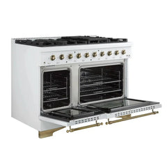 FORNO Espresso Antico 48 Inch 5.5 cu. ft. Dual Fuel Range with 8 Sealed Burners and Griddle in White with Antique Brass Accents, FFSGS6113-48WHT