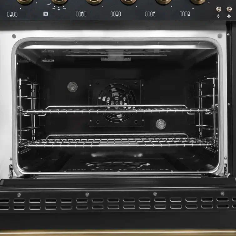 FORNO Espresso Antico 48 Inch 5.5 cu. ft. Dual Fuel Range with 8 Sealed Burners and Griddle in Black with Antique Brass Accents, FFSGS6113-48BLK