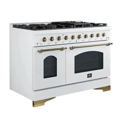 FORNO Espresso Antico 48 Inch 5.5 cu. ft. Dual Fuel Range with 8 Sealed Burners and Griddle in White with Antique Brass Accents, FFSGS6113-48WHT