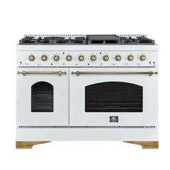 FORNO Espresso Antico 48 Inch 5.5 cu. ft. Gas Range with 8 Sealed Burners and Griddle in White with Antique Brass Accents, FFSGS6219-48WHT