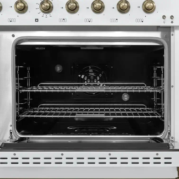 FORNO Espresso Antico 48 Inch 5.5 cu. ft. Dual Fuel Range with 8 Sealed Burners and Griddle in White with Antique Brass Accents, FFSGS6113-48WHT