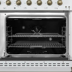 FORNO Espresso Antico 48 Inch 5.5 cu. ft. Gas Range with 8 Sealed Burners and Griddle in White with Antique Brass Accents, FFSGS6219-48WHT
